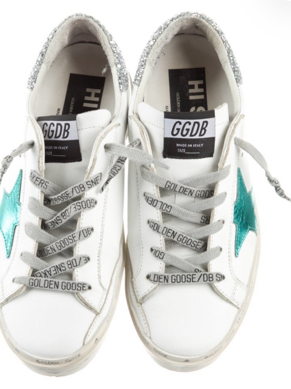Golden Goose White Sneakers with Teal Star and Silver Heel